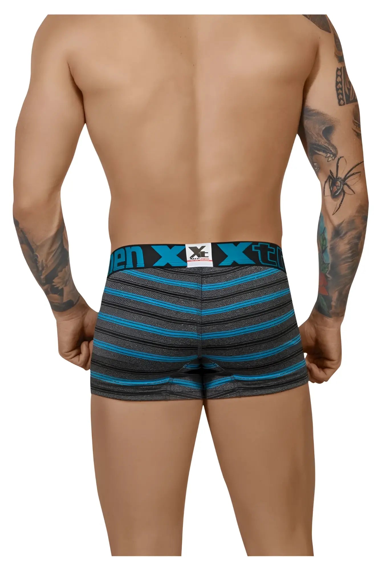 Xtremen 51453C striped turquoise blue and gray men’s boxer briefs with branded waistband for everyday comfort