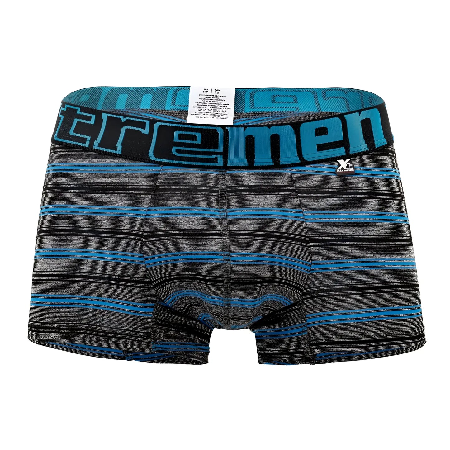 Xtremen 51453c stripes trunk men’s boxer briefs in blue and gray with black waistband and turquoise tremen logo