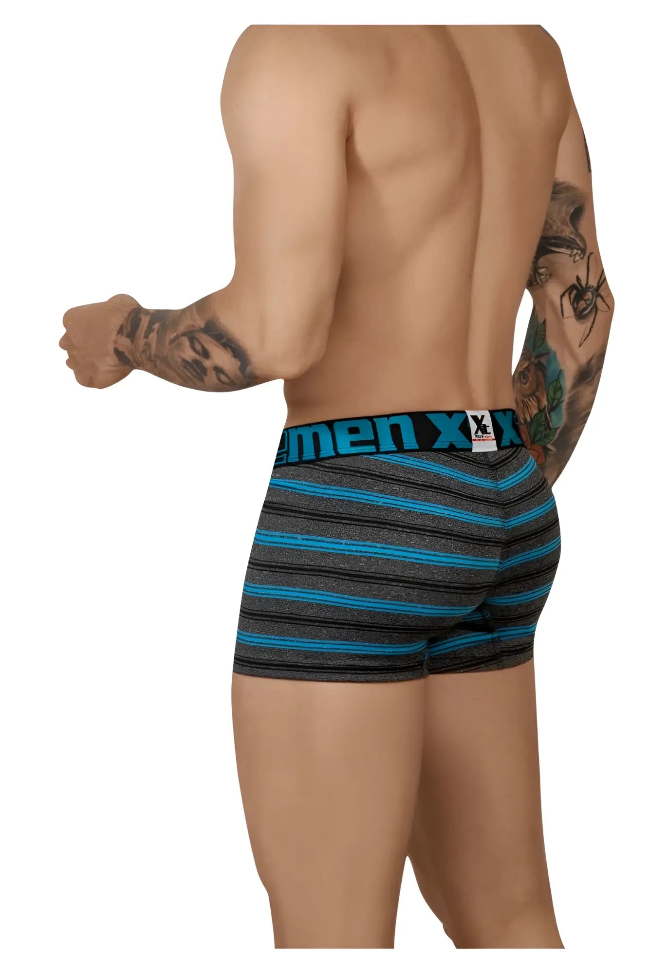 Men’s x men xtremen 51453c stripes trunk boxer briefs with black and blue horizontal stripes in turquoise color