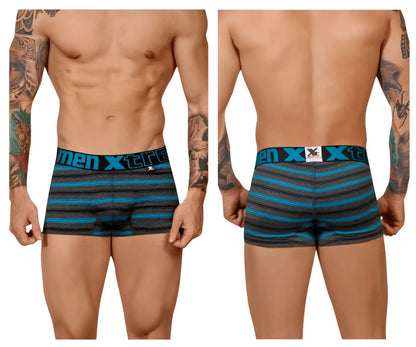 Men’s Xtremen 51453C blue and black striped turquoise trunk boxer briefs designed for comfort and support