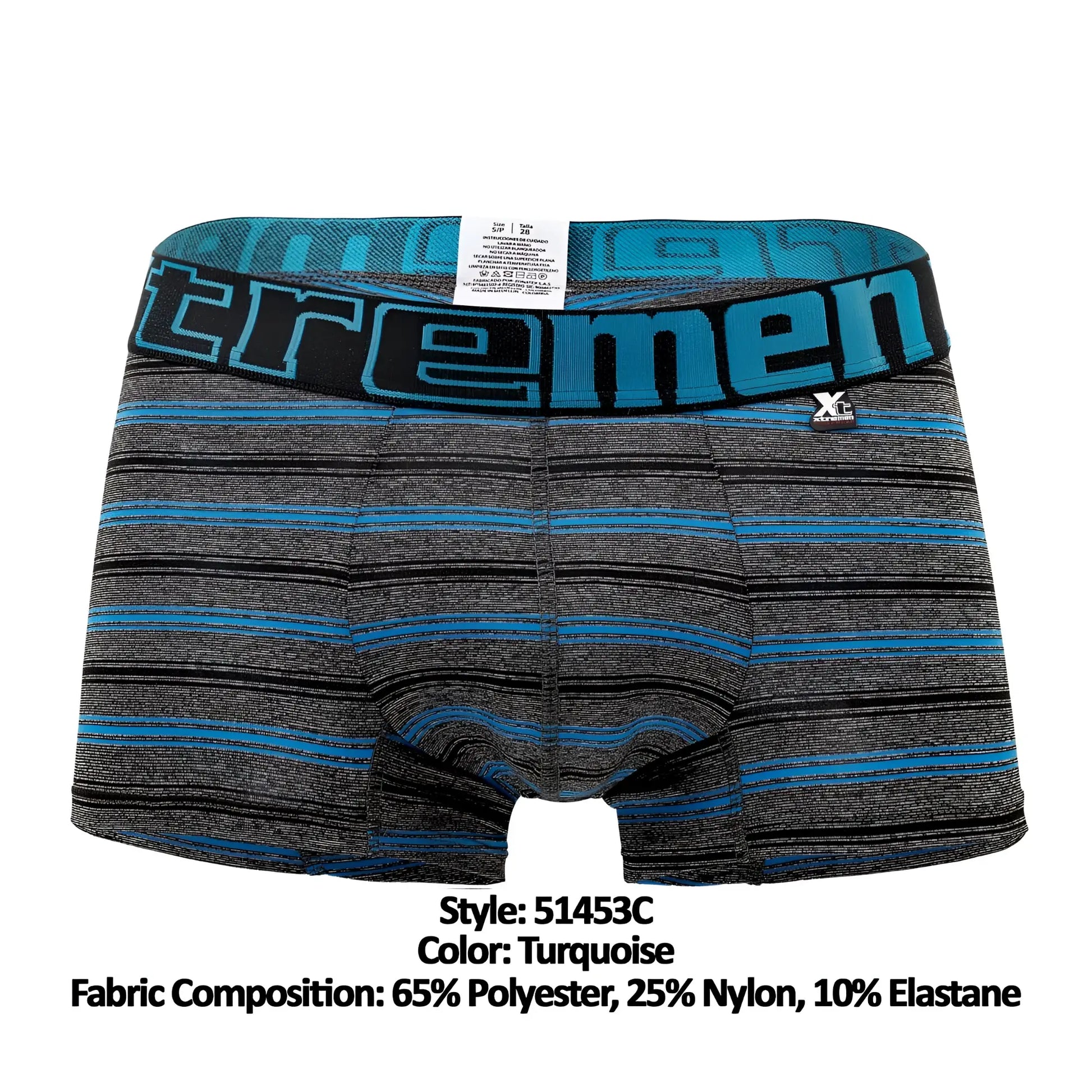 Xtremen 51453C turquoise striped men’s boxer briefs with black waistband and bold blue tremen branding