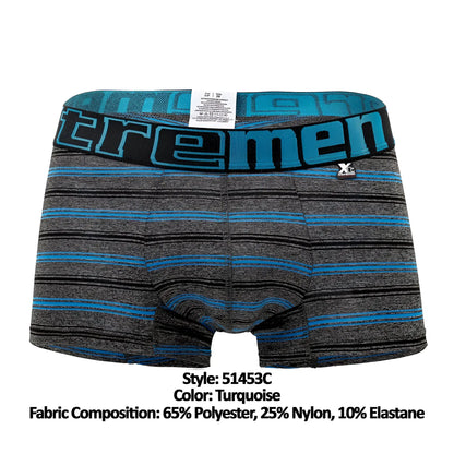 Xtremen 51453C turquoise striped men’s boxer briefs with black waistband and bold blue tremen branding
