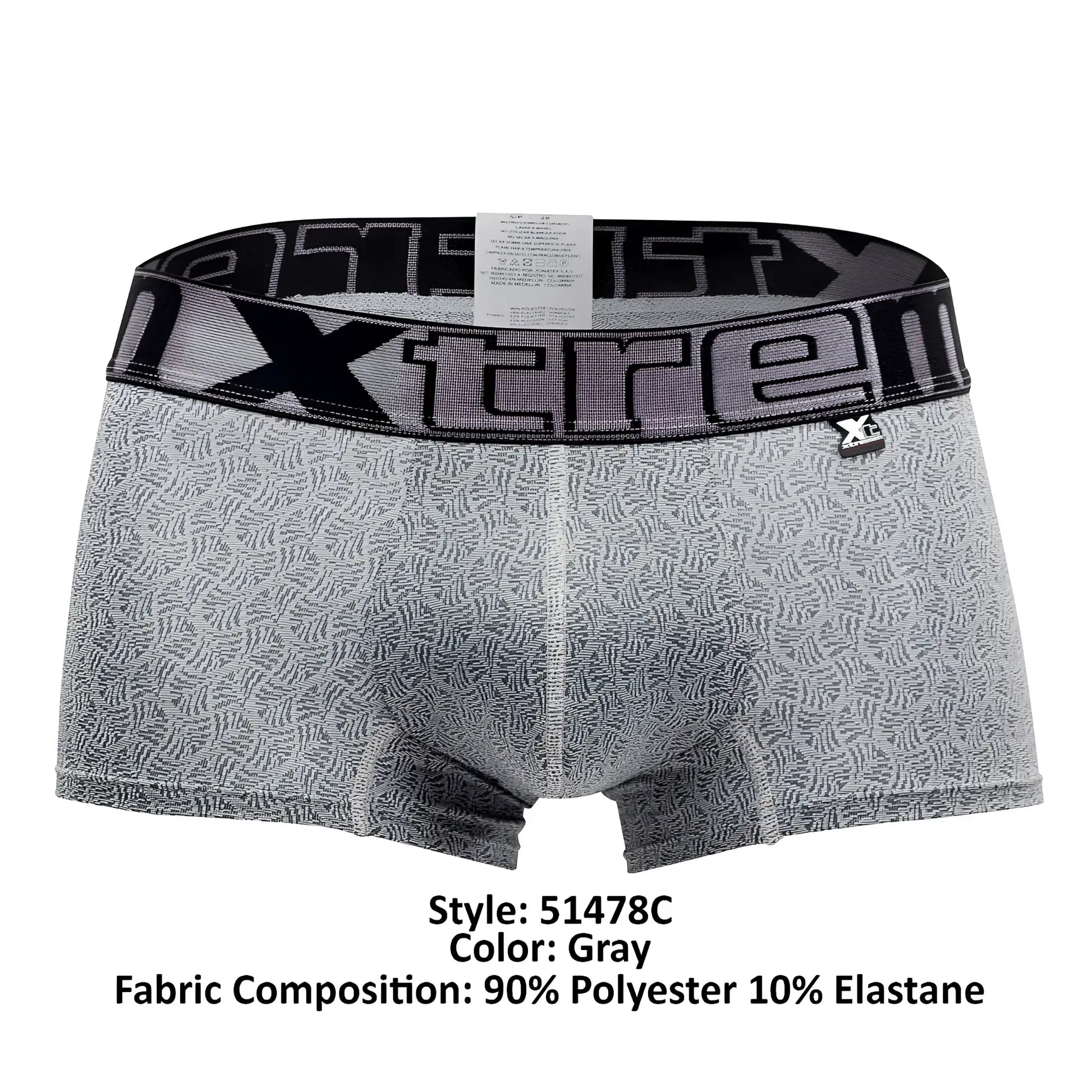 Gray microfiber jacquard boxer briefs with a subtle black pattern and bold xtreme waistband featuring the brand logo