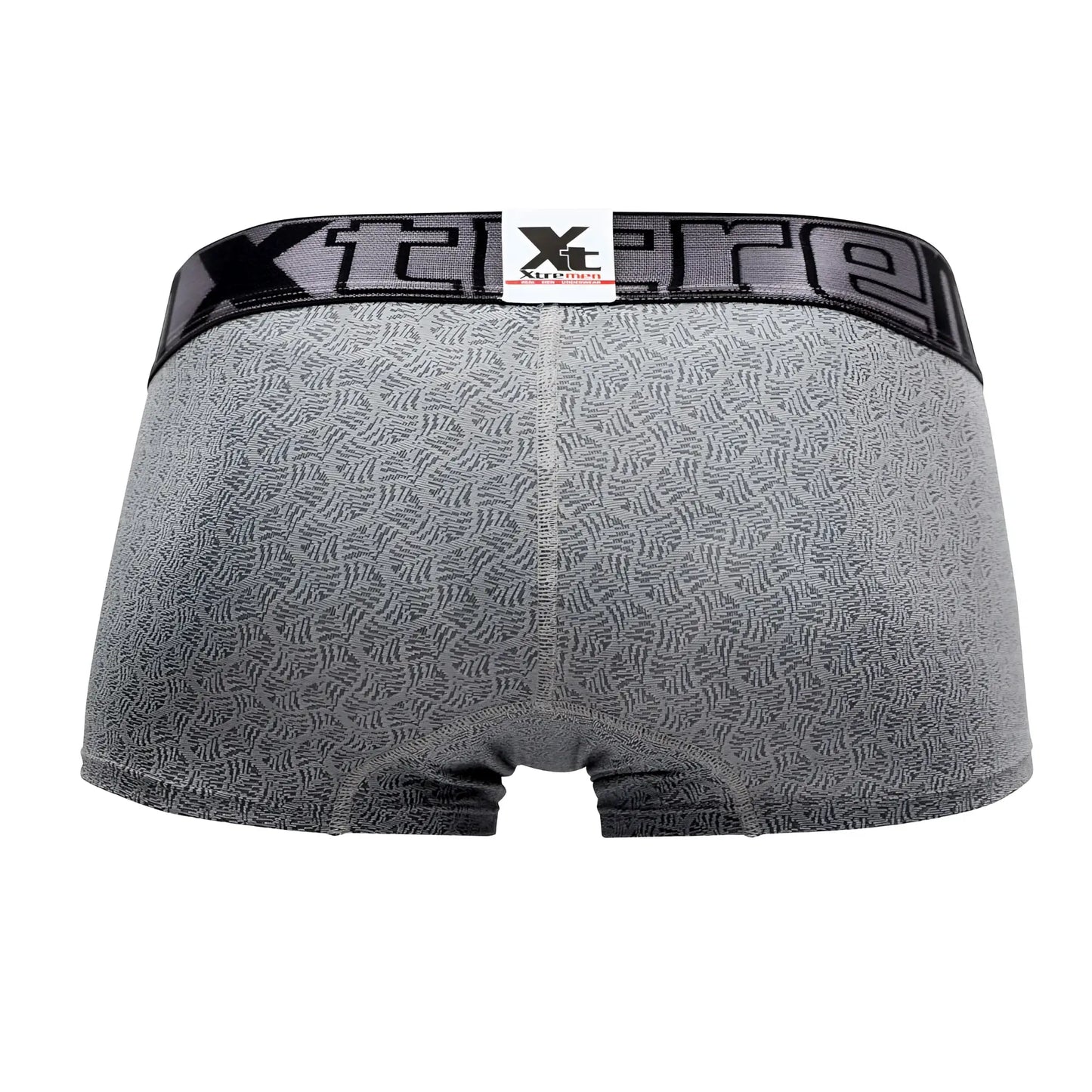 Gray patterned men’s microfiber jacquard boxer briefs with black elastic waistband featuring xtreme logo