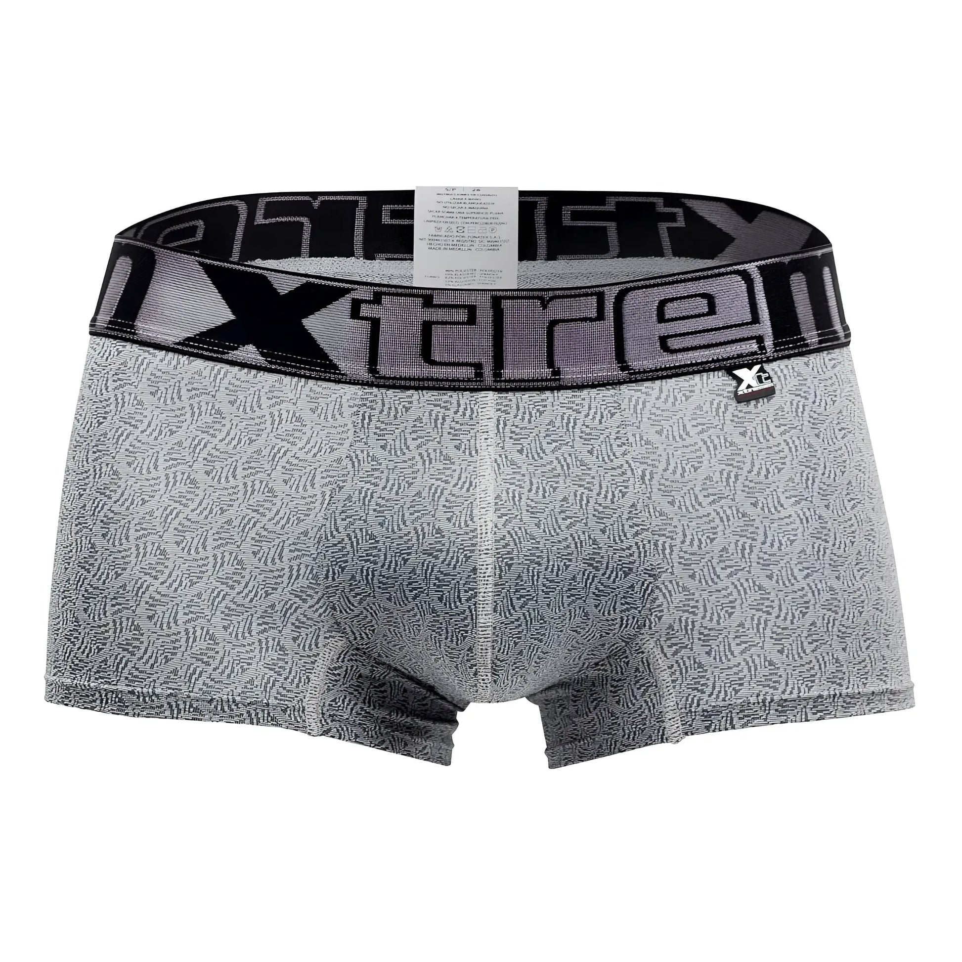 Gray xtremen 51478c microfiber jacquard men’s boxer briefs with black elastic waistband and bold xtremen logo