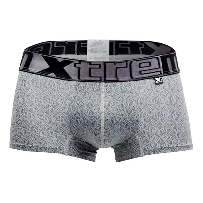 Gray xtremen 51478c microfiber jacquard men’s boxer briefs with black elastic waistband and bold xtremen logo