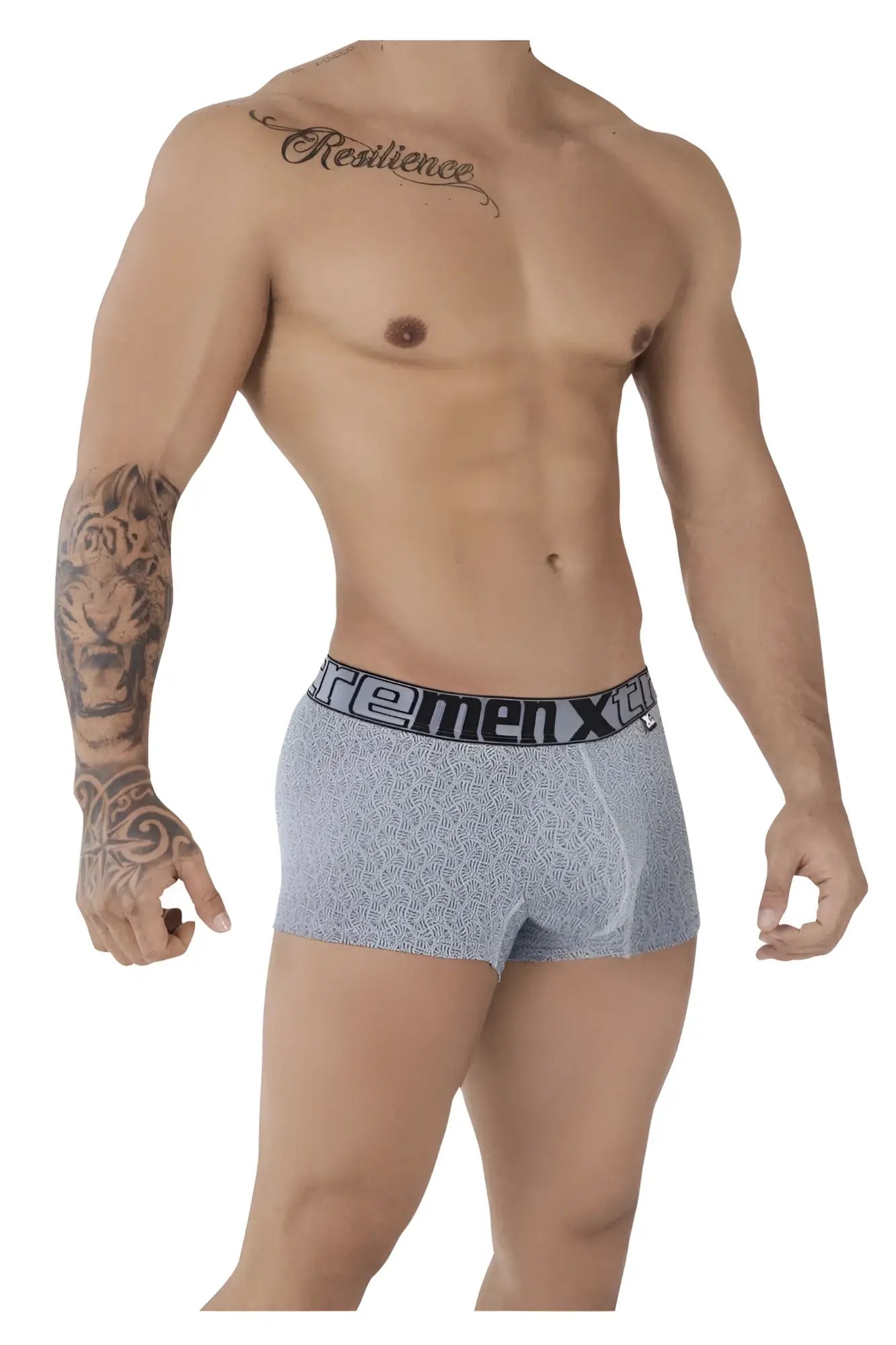 Gray microfiber jacquard trunks for men with a patterned design and black freemen x elastic waistband
