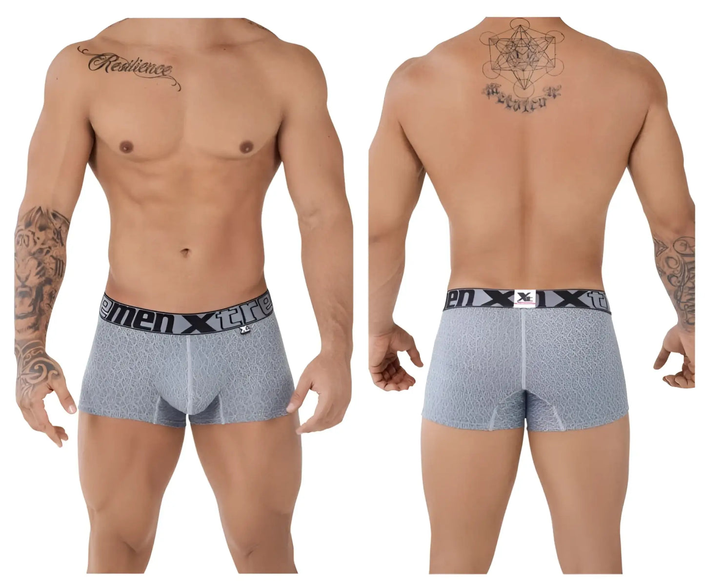 Gray microfiber jacquard menxtreme boxer briefs with black elastic waistband and gray pattern for comfortable wear