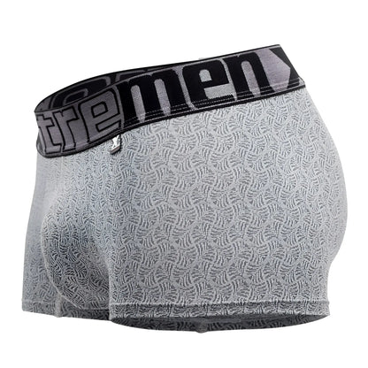 Gray patterned men’s microfiber jacquard boxer briefs with black extreme logo waistband xtremen 51478c trunks