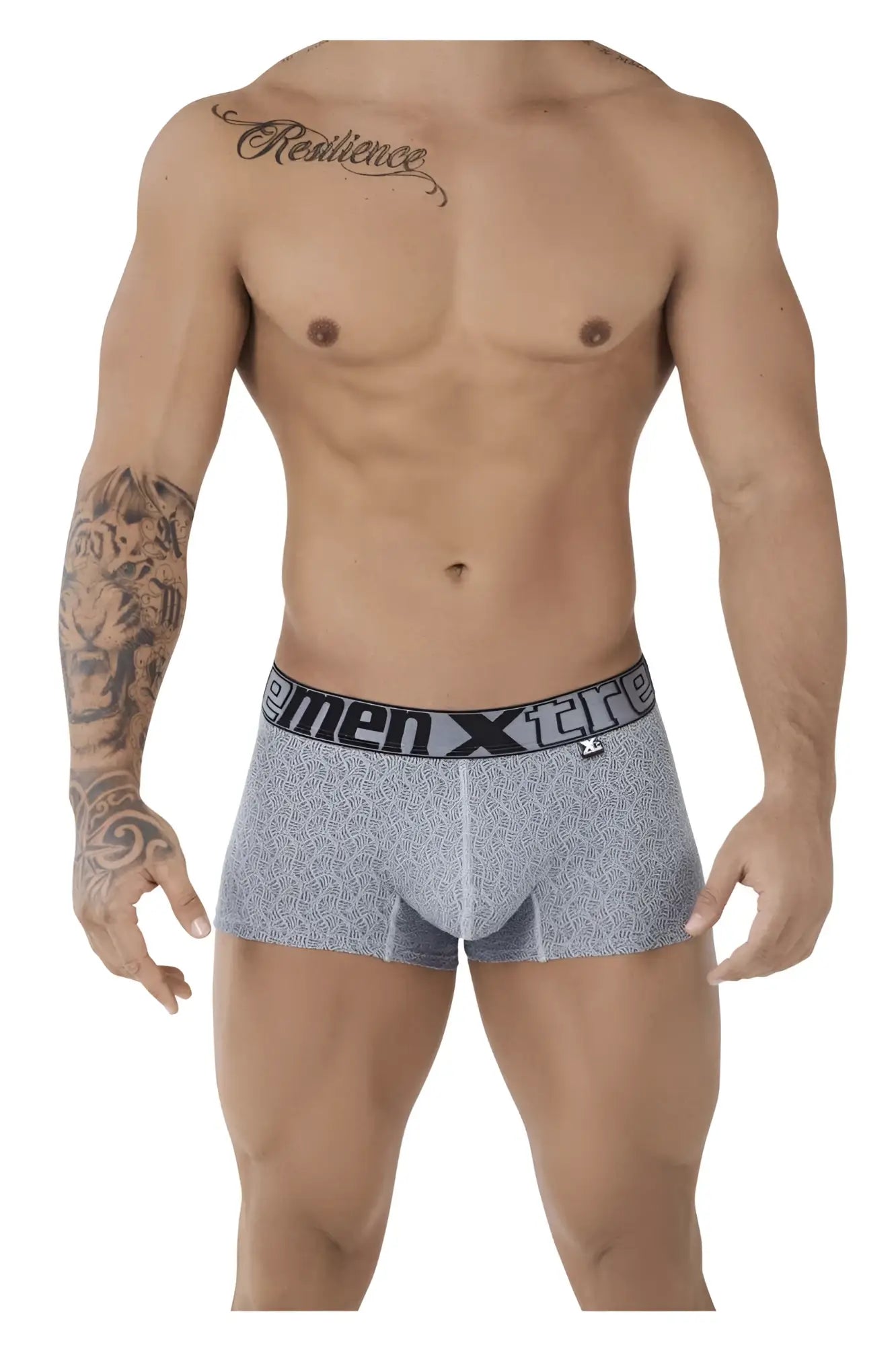 Gray microfiber jacquard men xtremen 51478c trunks with black waistband and men xtre logo in gray pattern