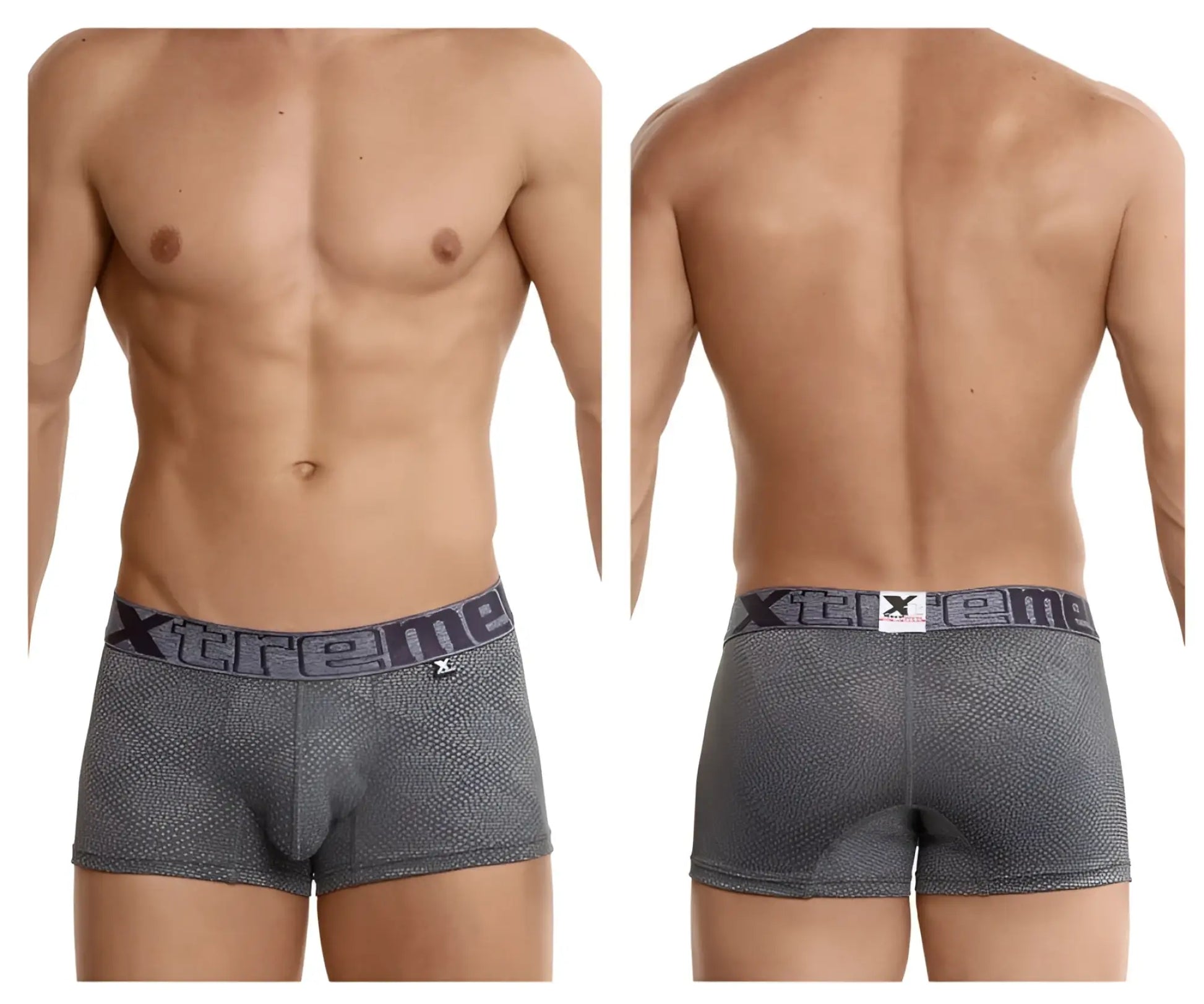 Gray jacquard striped xtremen 54446c men’s boxer briefs with xtreme branded waistband in front view