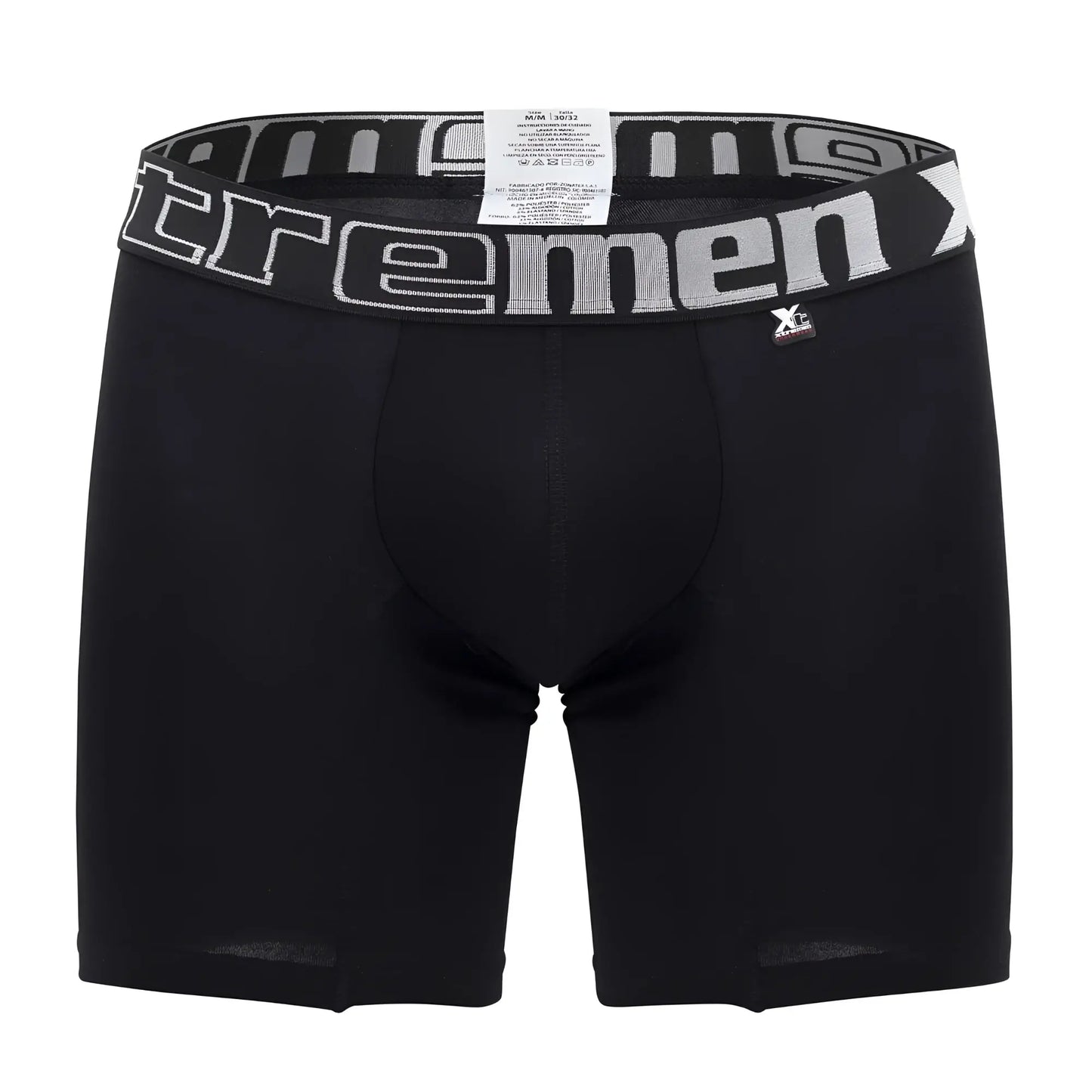 Black men’s boxer briefs with gray and white Xtremen waistband featuring brand logo in Xtremen 70001 Plus design