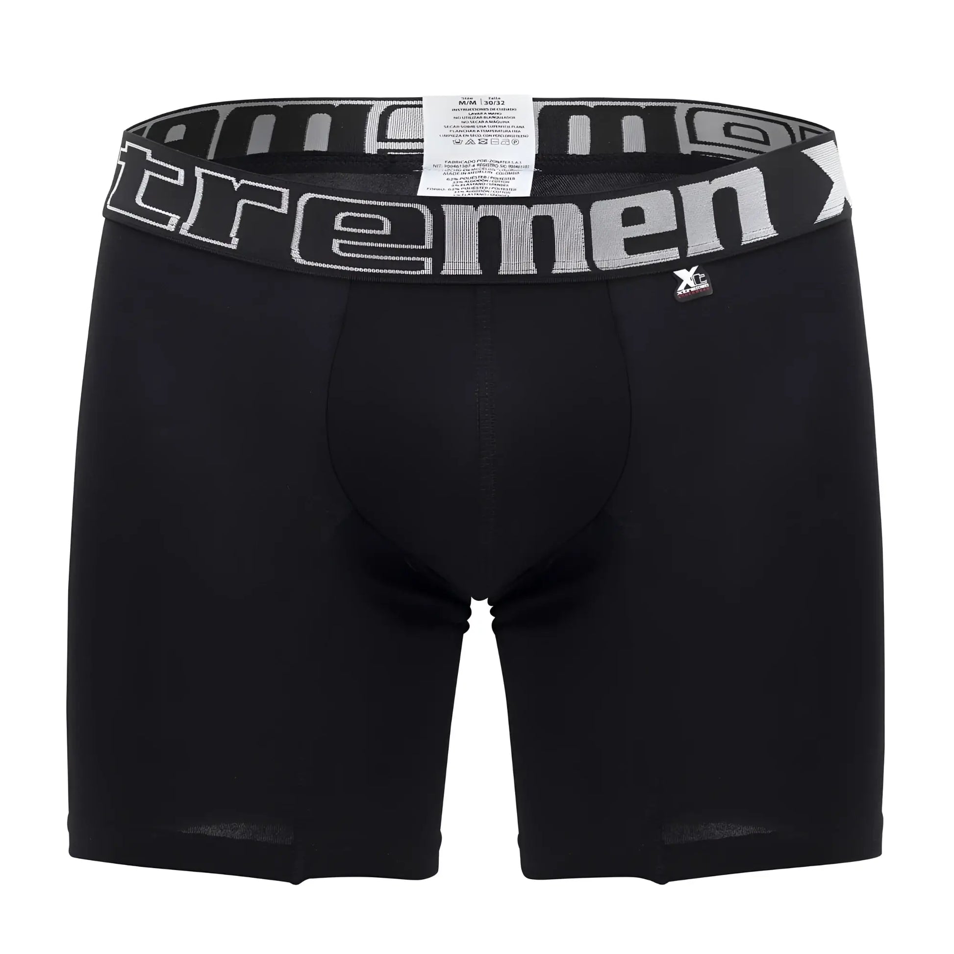 Black men’s boxer briefs with gray and white Xtremen waistband featuring brand logo in Xtremen 70001 Plus design