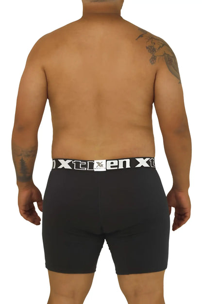 Black men’s boxer briefs with white elastic waistband featuring xtremen brand name and logo model 70001 plus