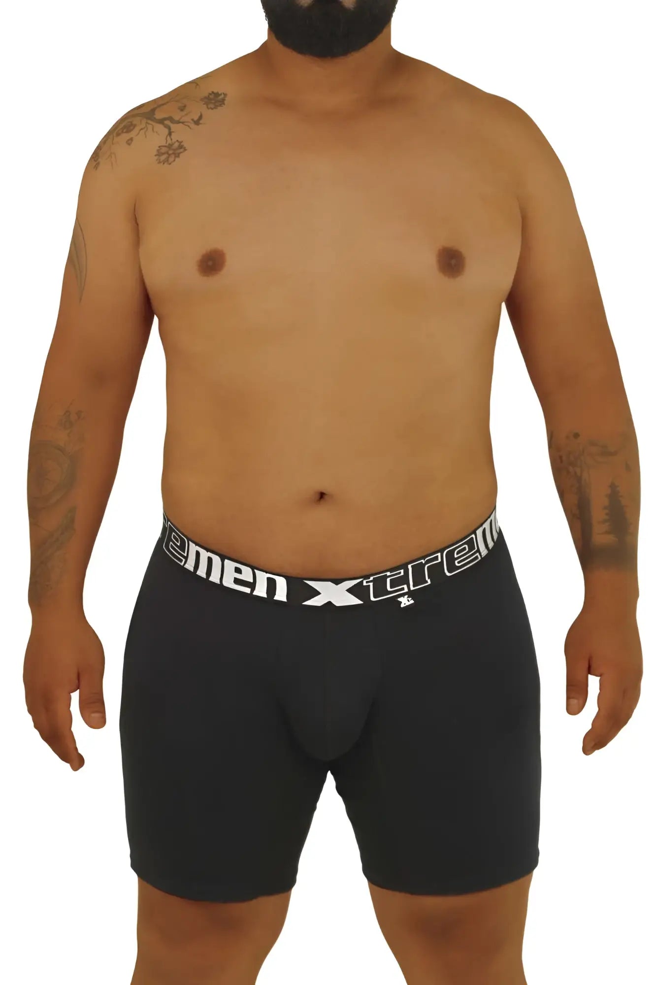 Black men’s boxer briefs xtremen 70001 plus with white elastic waistband featuring xtrem logo and brand name