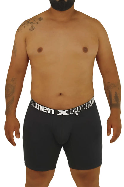 Black men’s boxer briefs xtremen 70001 plus with white elastic waistband featuring xtrem logo and brand name