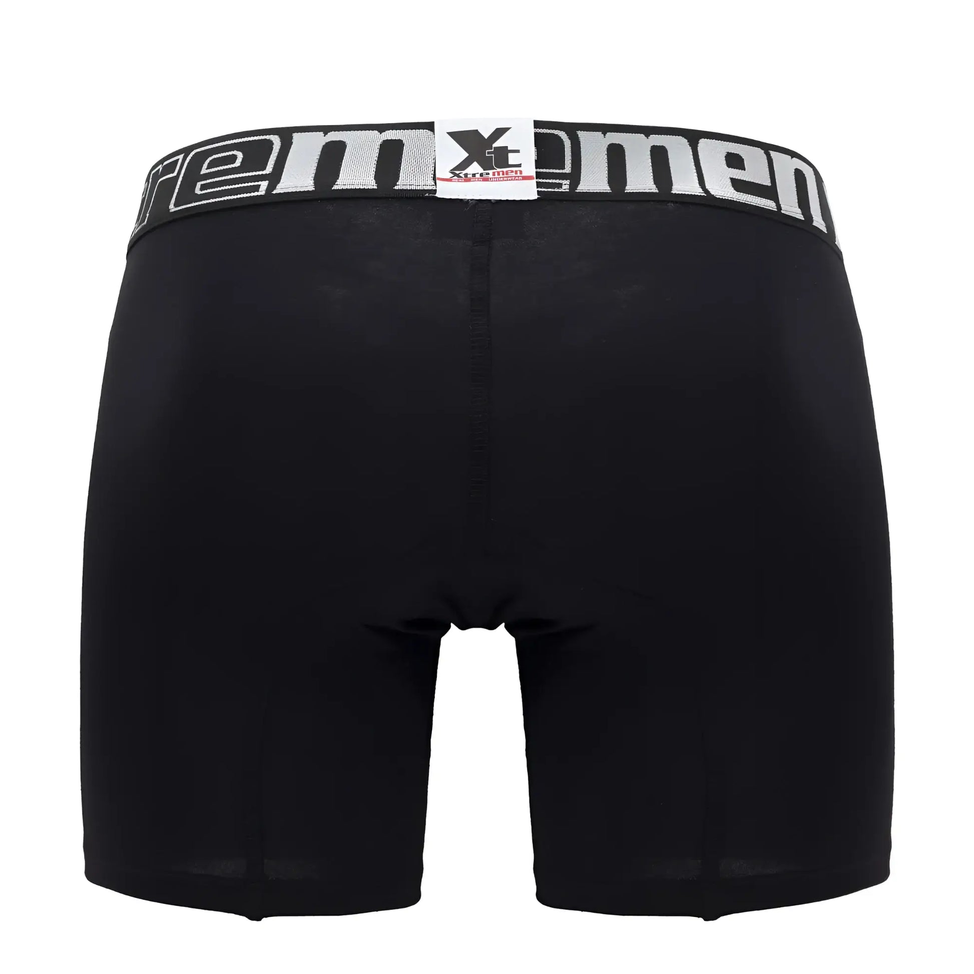 Black xtremen 70001 plus boxer briefs with white and gray elastic waistband featuring the brand logo