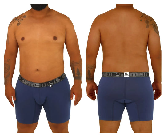 Blue xtremen 70001 plus men’s boxer briefs with gray elastic waistband featuring extremenx logo