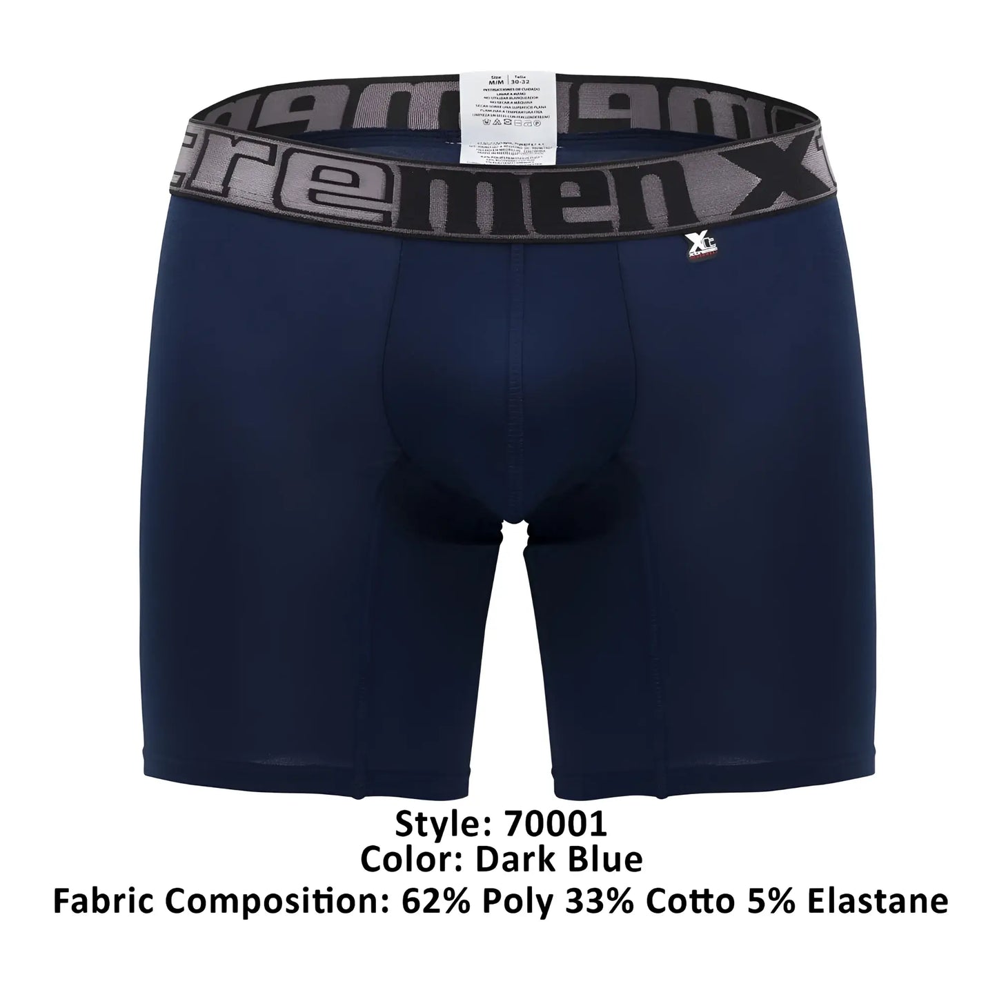 Dark blue men’s boxer briefs with gray and black xtreme men x elastic waistband in xtremen 70001 plus design
