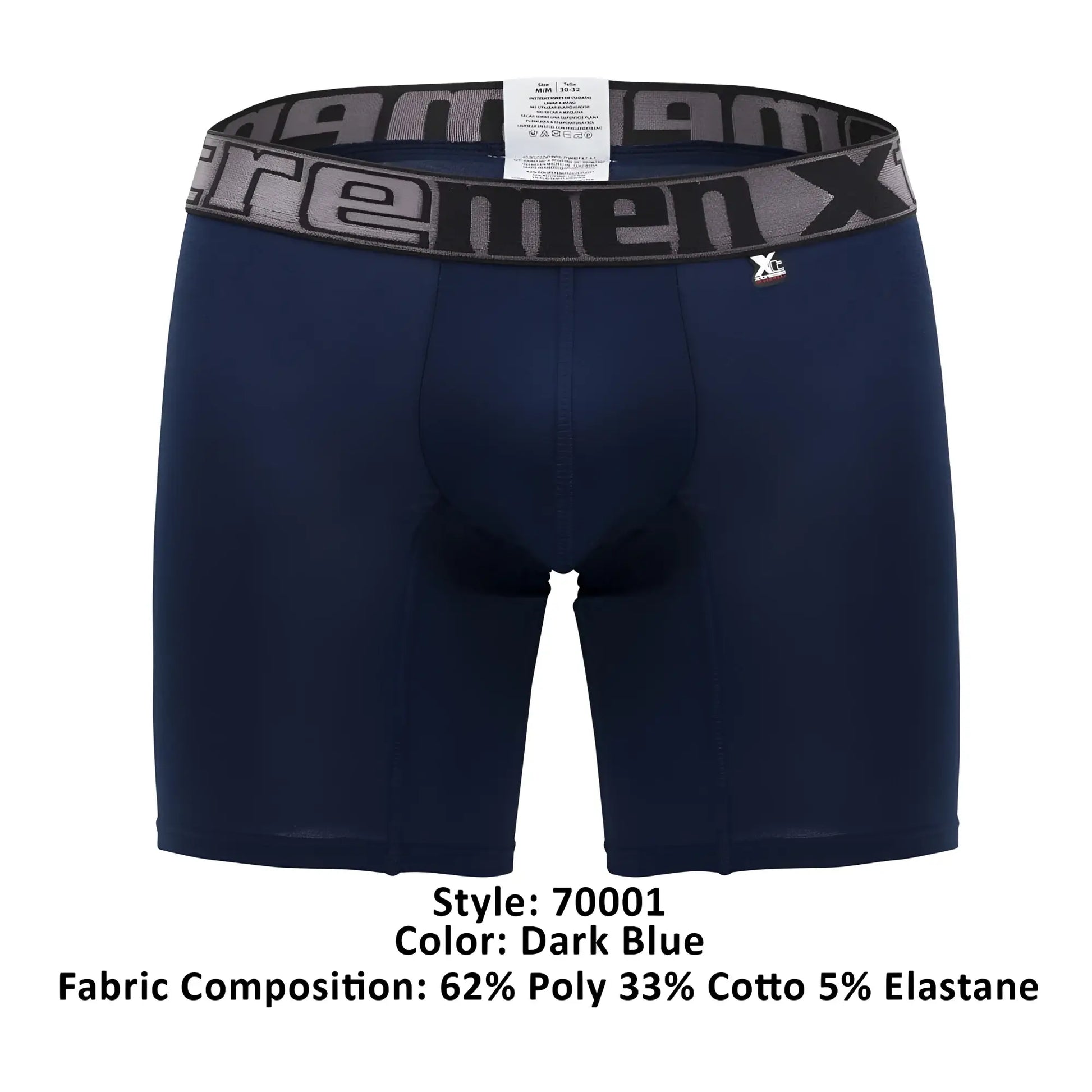 Dark blue men’s boxer briefs with gray and black xtreme men x elastic waistband in xtremen 70001 plus design