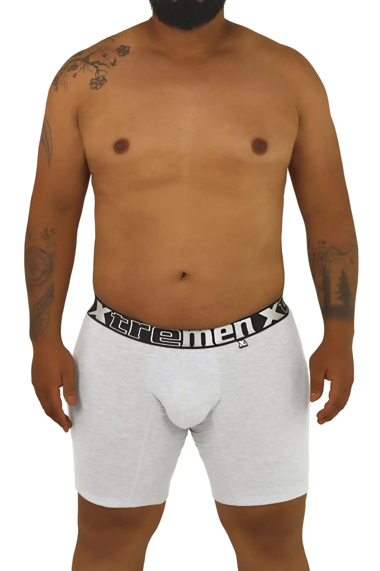 Gray heathered boxer briefs with a black elastic waistband featuring the xtremen x logo in white lettering from Xtremen 70001 Plus