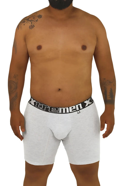 Gray heathered boxer briefs with a black elastic waistband featuring the xtremen x logo in white lettering from Xtremen 70001 Plus