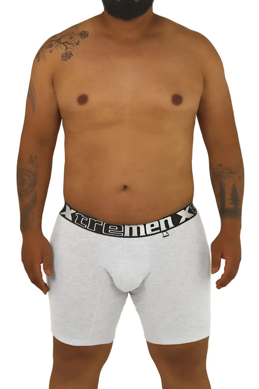 Gray heathered boxer briefs with a black elastic waistband featuring the xtremen x logo in white lettering from Xtremen 70001 Plus