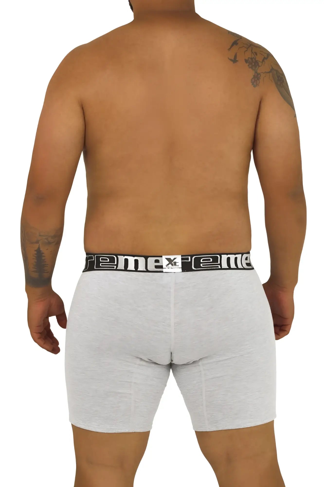 Gray heathered boxer briefs with black elastic waistband featuring reme brand name in white from Xtremen 70001 Plus line