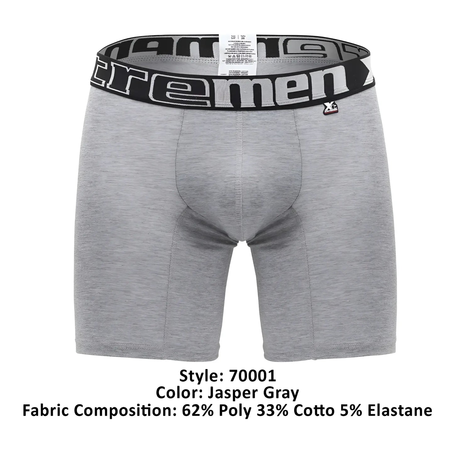 Gray heathered boxer briefs with black elastic waistband featuring extreme men logo in white by Xtremen 70001 Plus