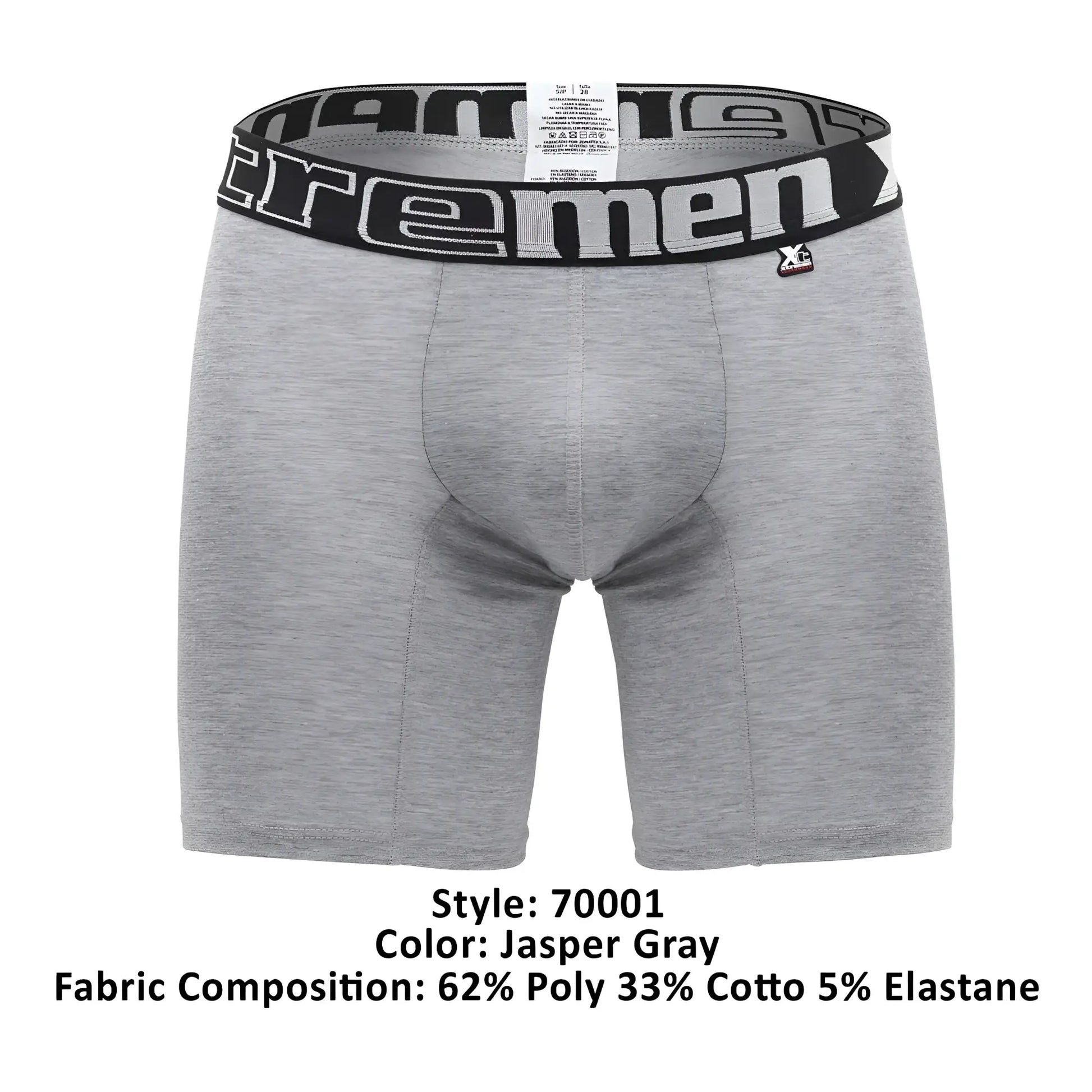 Gray heathered boxer briefs with black elastic waistband featuring extreme men logo in white by Xtremen 70001 Plus