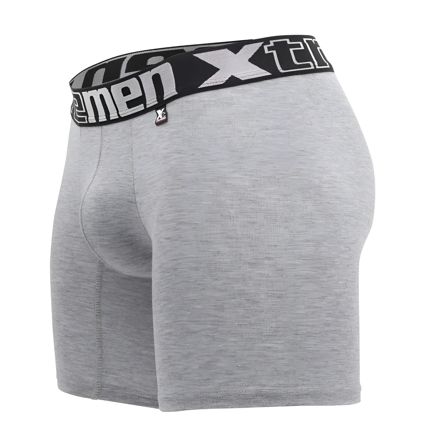 Gray heathered men’s boxer briefs with black elastic waistband and white xtreme branding from the Xtremen 70001 Plus collection