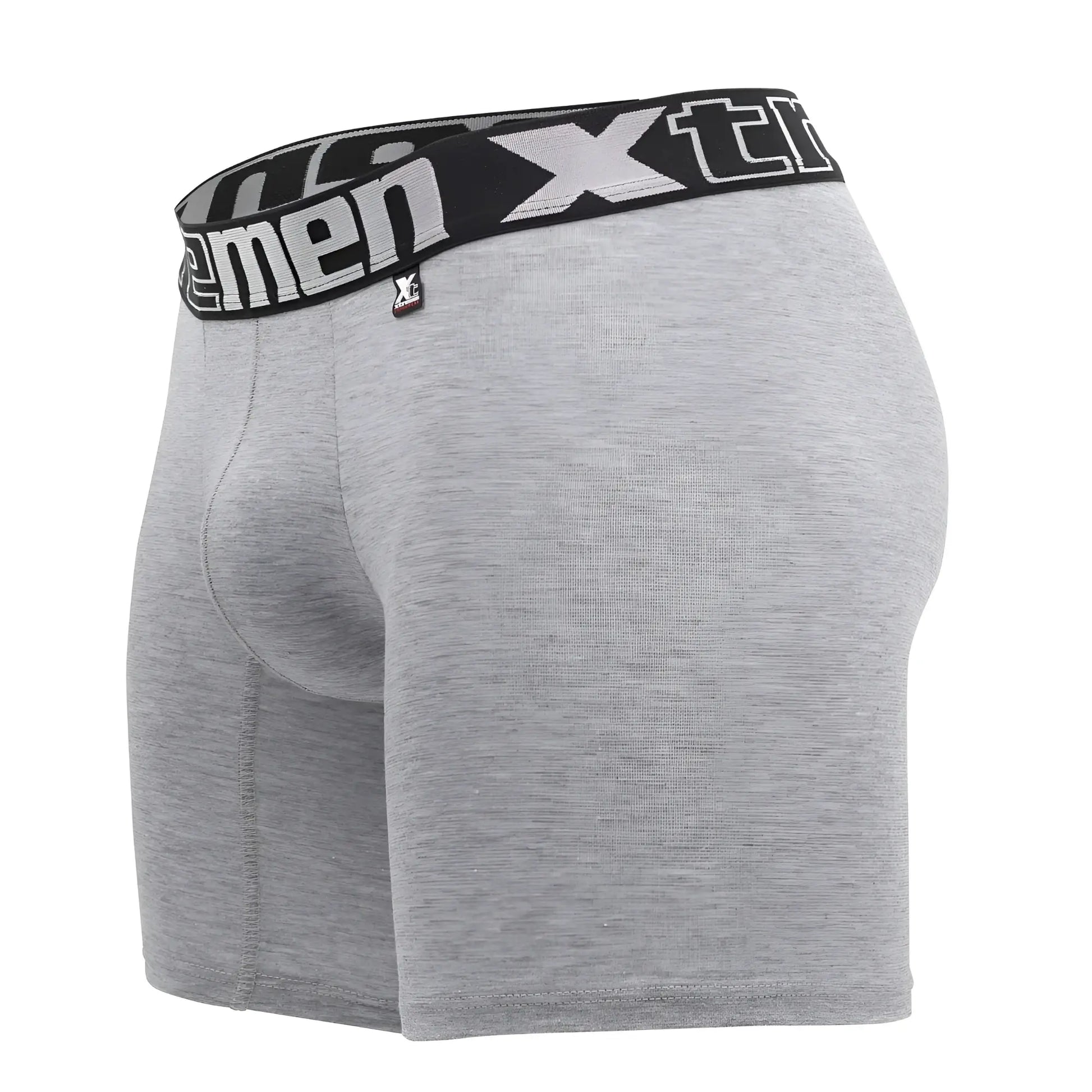 Gray heathered men’s boxer briefs with black elastic waistband and white xtreme branding from the Xtremen 70001 Plus collection