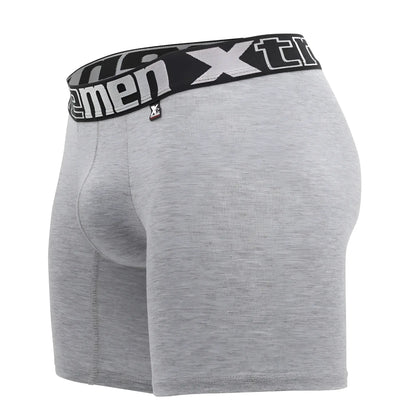 Gray heathered men’s boxer briefs with black elastic waistband and white xtreme branding from the Xtremen 70001 Plus collection