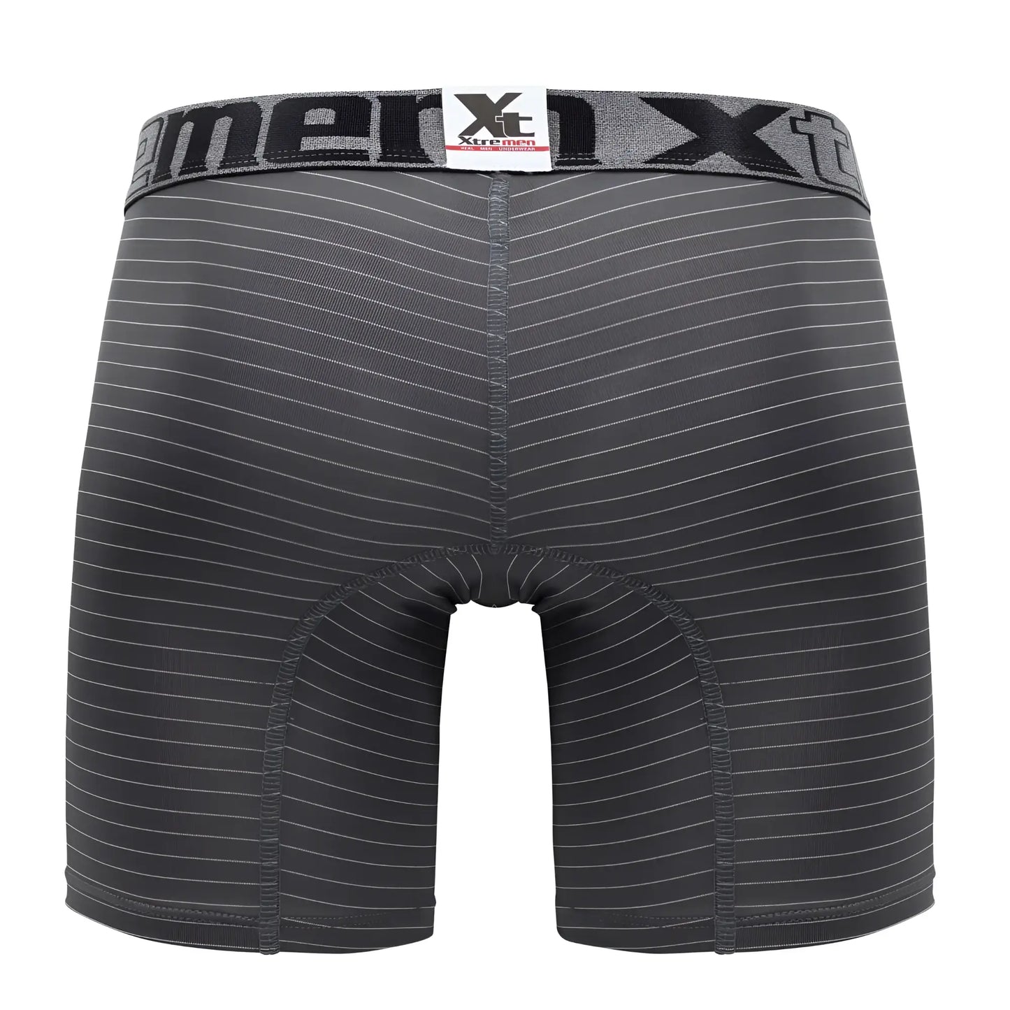 Black and gray striped men’s boxer briefs with branded waistband from Xtremen 70004 Plus in cotton blend fabric