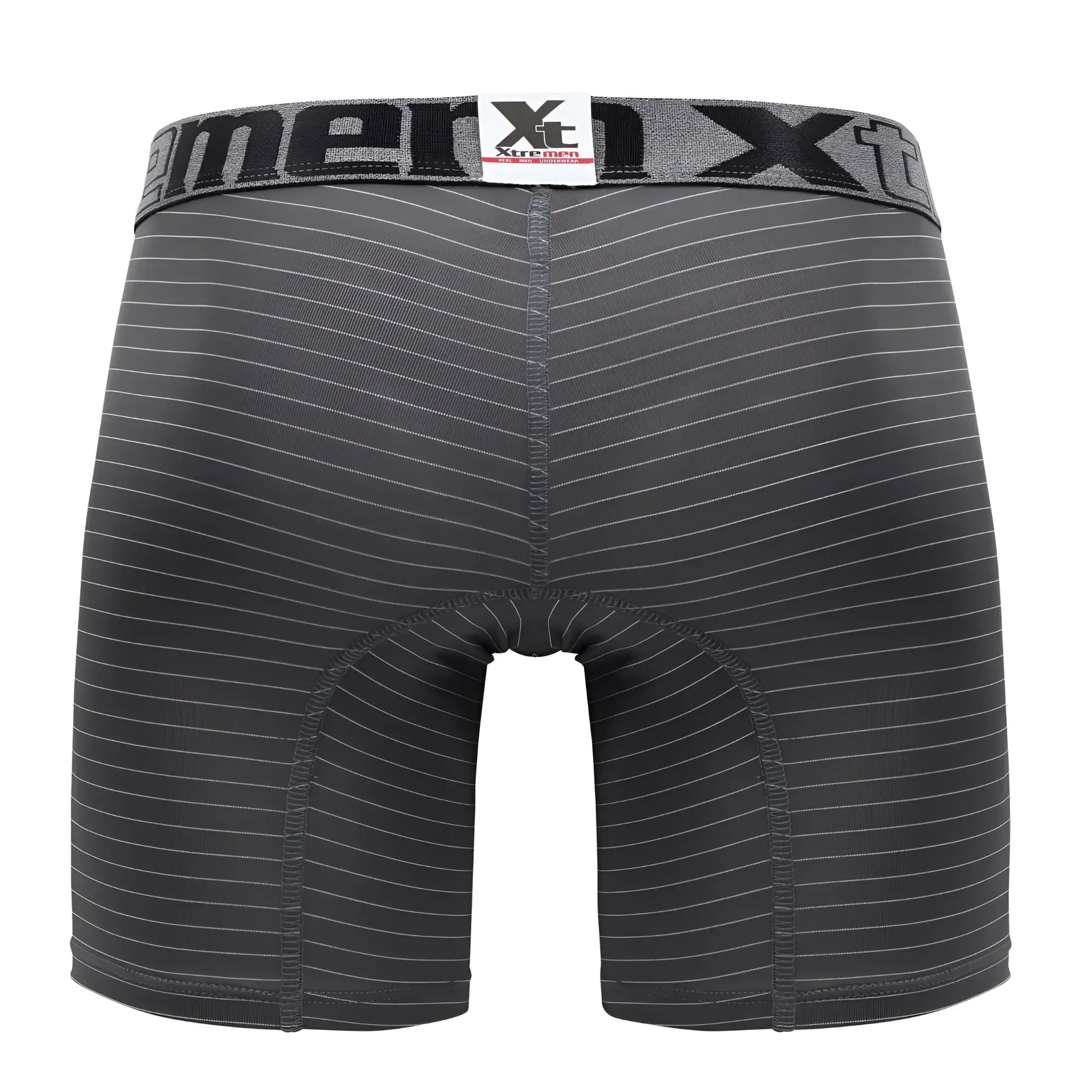 Black and gray striped men’s boxer briefs with branded waistband from Xtremen 70004 Plus in cotton blend fabric