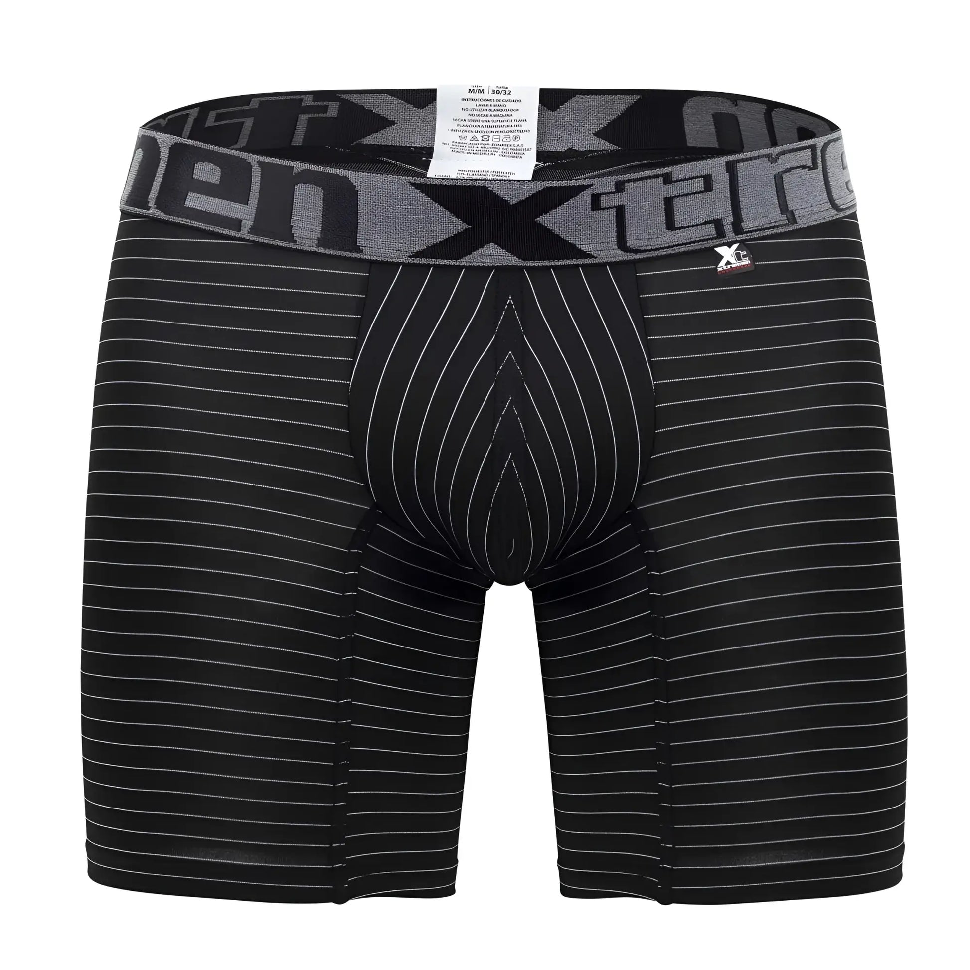 Black men’s boxer briefs xtremen 70004 plus with white vertical pinstripes and gray elastic waistband with xtreme logo