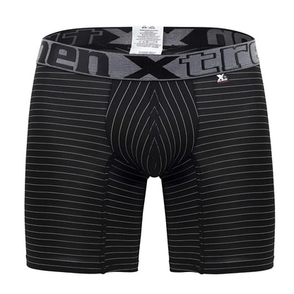 Black men’s boxer briefs xtremen 70004 plus with white vertical pinstripes and gray elastic waistband with xtreme logo