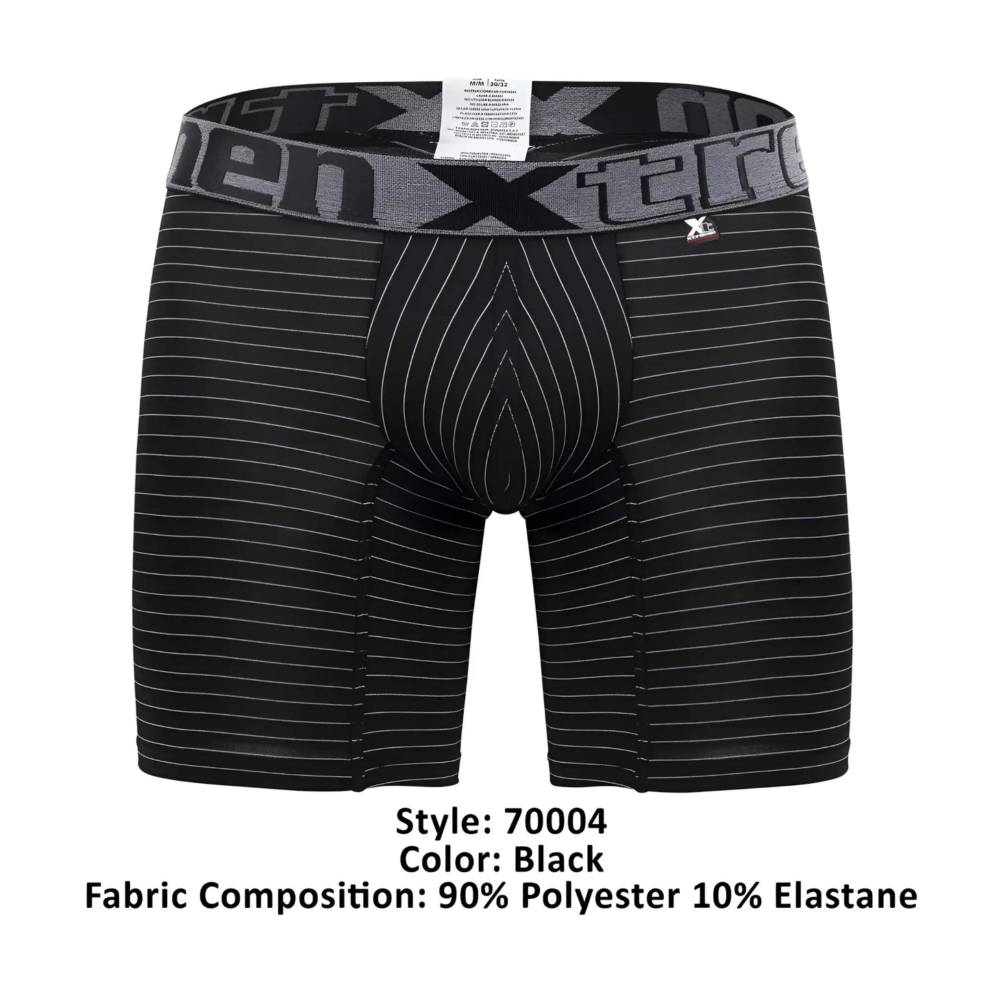 Black men’s xtremen 70004 plus boxer briefs with thin white vertical stripes and gray elastic waistband with xtreme logo