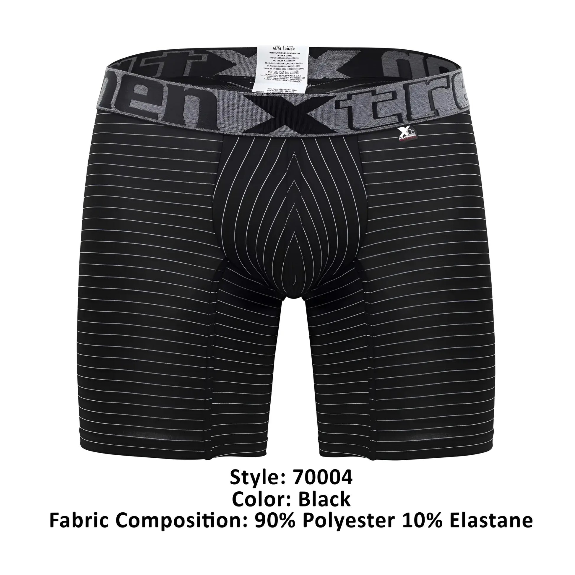 Black men’s xtremen 70004 plus boxer briefs with thin white vertical stripes and gray elastic waistband with xtreme logo