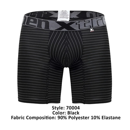 Black men’s xtremen 70004 plus boxer briefs with thin white vertical stripes and gray elastic waistband with xtreme logo