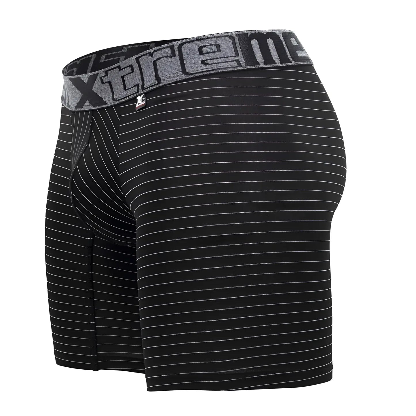 Black and white striped boxer briefs with gray elastic waistband featuring the extreme logo xtremen 70004 plus