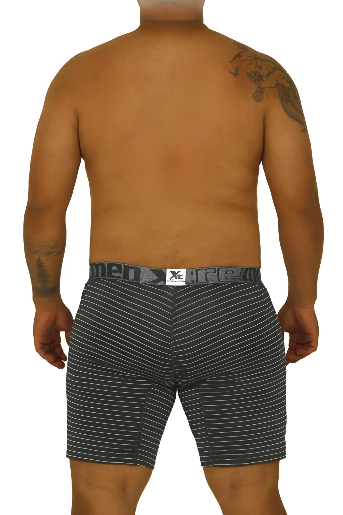 Black and white striped men’s boxer briefs with gray logo waistband by x-ante xtremen 70004 plus