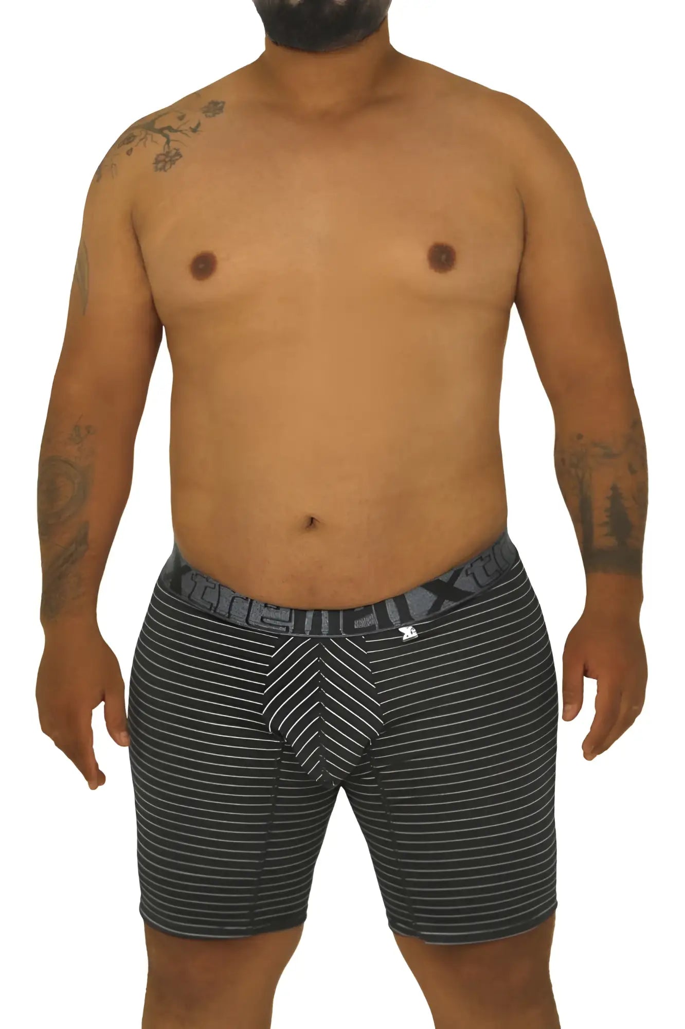 Xtremen 70004 Plus black and white striped men’s boxer briefs with chevron pattern on front in soft fabric