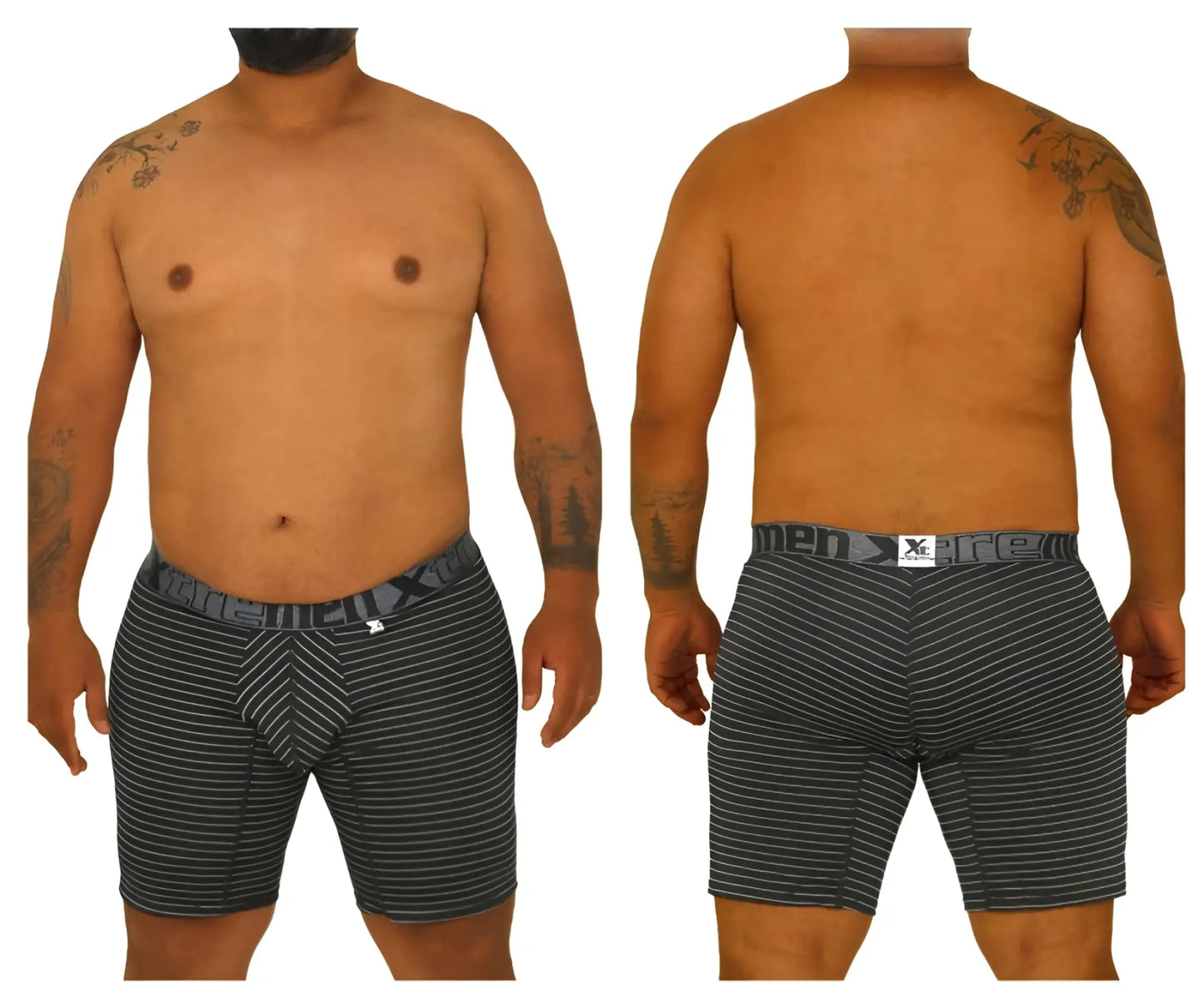Black and white striped men’s boxer briefs with branded waistband from Xtremen 70004 Plus collection