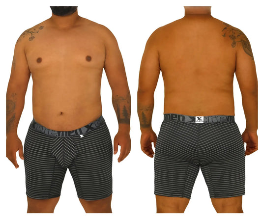 Black and white striped men’s boxer briefs with branded waistband from Xtremen 70004 Plus collection