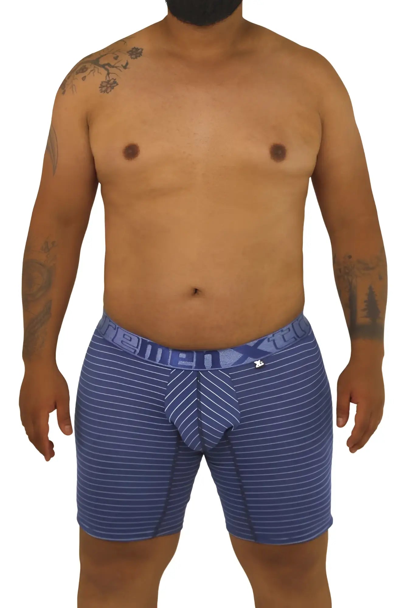 Xtremen 70004 Plus blue striped men’s boxer briefs with patterned waistband and small front logo in cotton blend