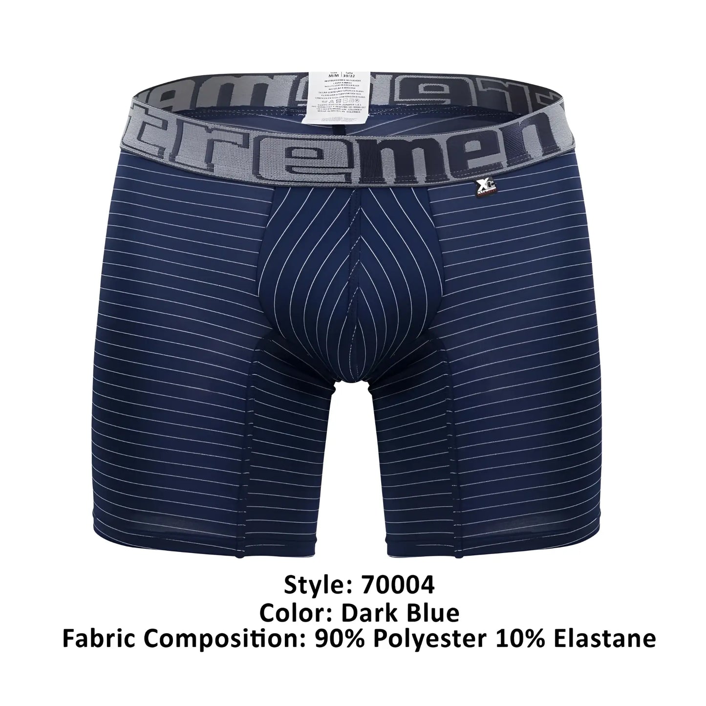 Dark blue xtremen 70004 plus boxer briefs with white pinstripes and gray elastic waistband logo detailing