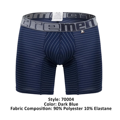 Dark blue xtremen 70004 plus boxer briefs with white pinstripes and gray elastic waistband logo detailing