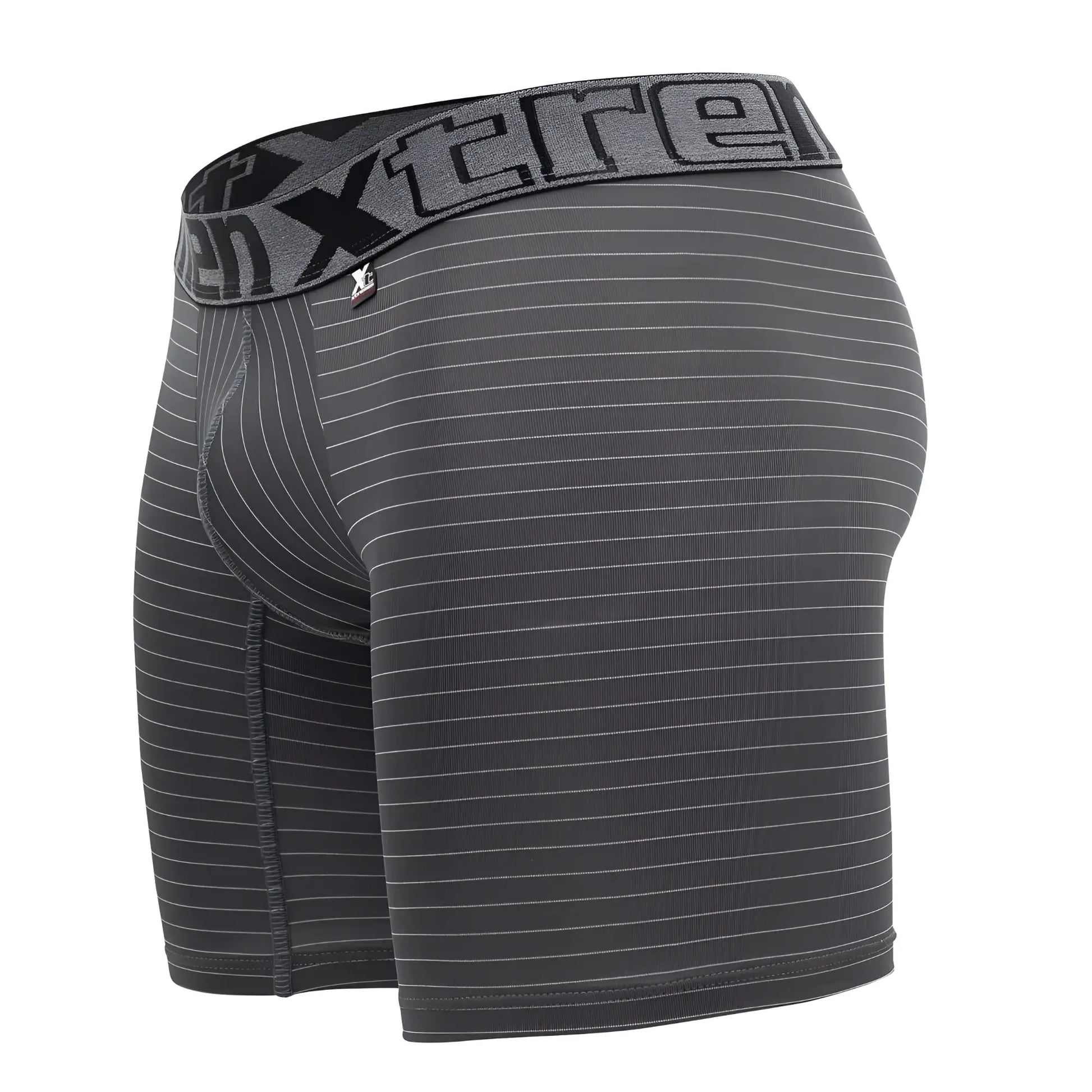 Dark gray xtremen 70004 plus boxer briefs with subtle white vertical stripes and a matching logo waistband