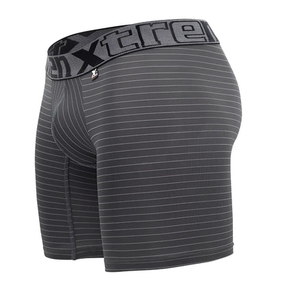 Dark gray xtremen 70004 plus boxer briefs with subtle white vertical stripes and a matching logo waistband